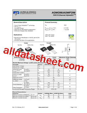 AOW296 Datasheet PDF - Alpha & Omega Semiconductors