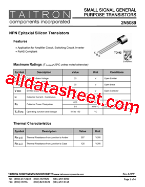 2N5089 Datasheet PDF - TAITRON Components Incorporated